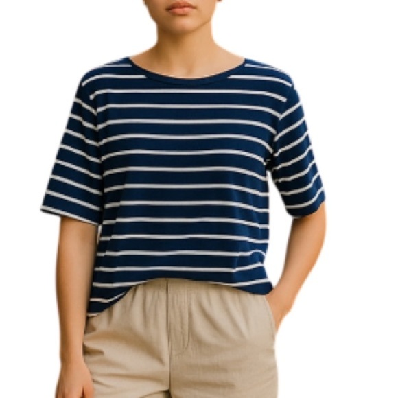 Jacob Striped Boxy Dolmen Short Sleeve Tee Navy and Baby Blue Sailor Nautical M - Picture 1 of 11